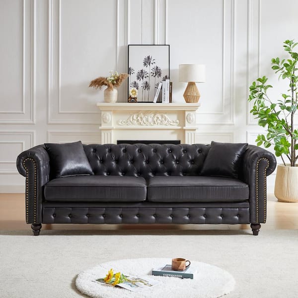85.5 in Wide Rolled Arm Faux Leather Rectangle Modern Upholstered Sofa in Black