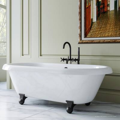 72 in. Acrylic Dual-Rest Clawfoot Bathtub in White, Cannonball Feet and Drain Assembly in Matte Black