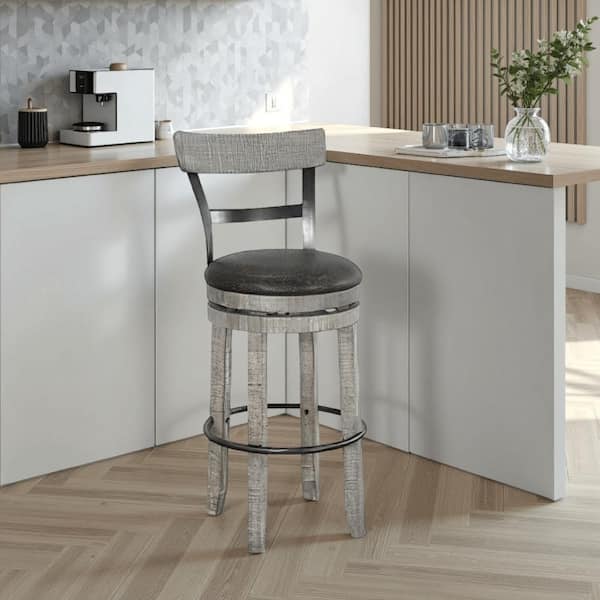 Benjara Zeka Swivel Gray and Black Wood Frame Barstool Chair Zeka Swivel with Cushion (Set of 2)