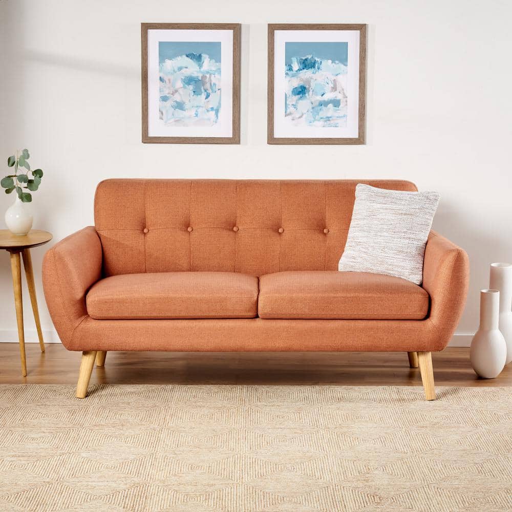 Mid-Century Orange and Brown Tufted Fabric Sofa