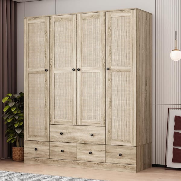 FUFU&GAGA Brown Wood Grain 59 in. W Rattan Doors Design Armoires Wardrobe with 5-Drawers, 2-Hanging Rods (70.8 in. H x 18.8 in. D)