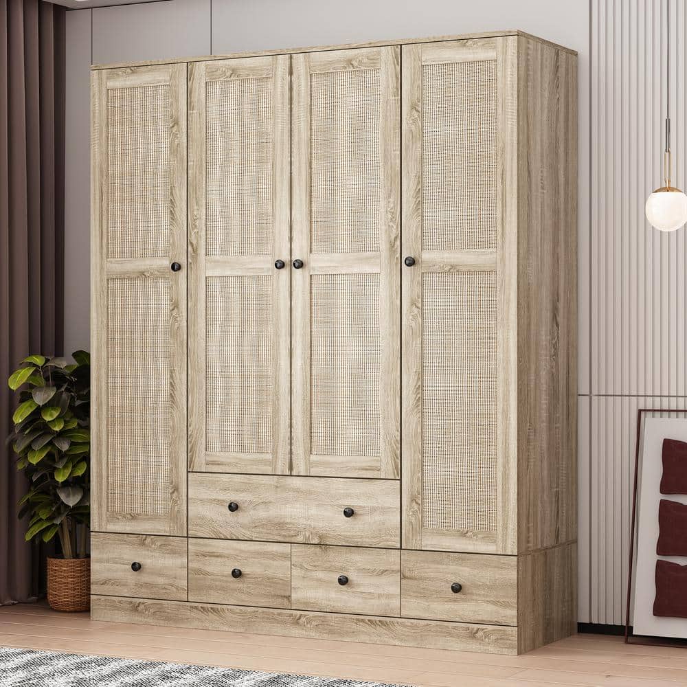 FUFU&GAGA Brown Wood Grain 59 in. W Rattan Doors Design Armoires