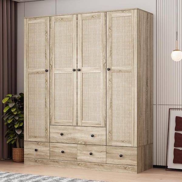 FUFU&GAGA Brown Wood Grain 59 in. W Rattan Doors Design Armoires