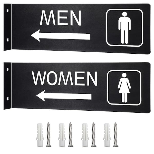 2 Pack Double-Sided Black Aluminum Restroom Signs with Arrow Easy Mount Bathroom Door Hallway Wall Decor