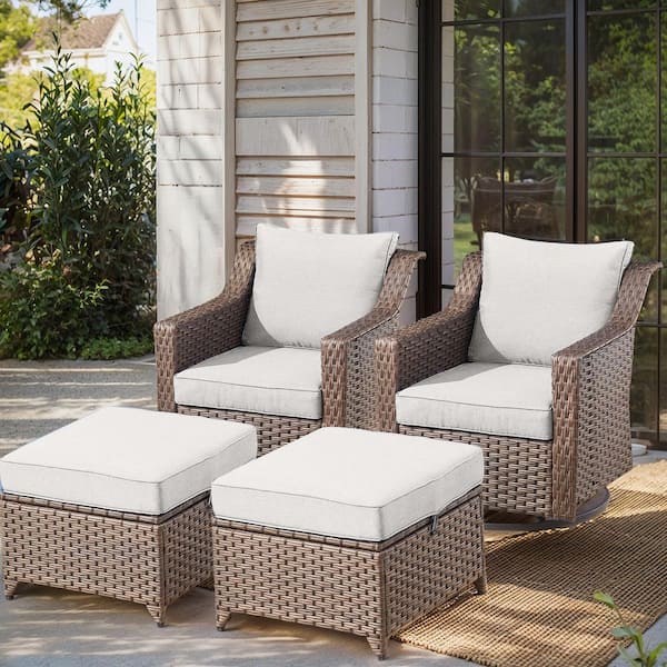 moosprr 4-Piece Brown Wicker Patio Conversation Set with Beige Olefin Cushions and 4 In. Wide Armrest/Patio Swivel Chairs