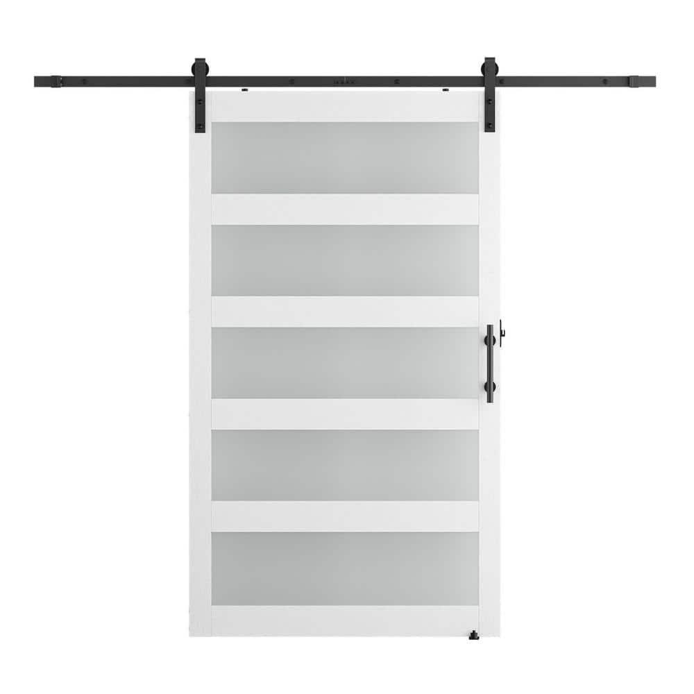 38 in. x 84 in. 5-Panel Frosted Glass White Prefinished MDF Interior Slidin