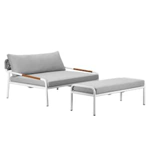 2 Piece Classic White Aluminum Frames Outdoor Day Bed Set with Gray Cushions Ottoman