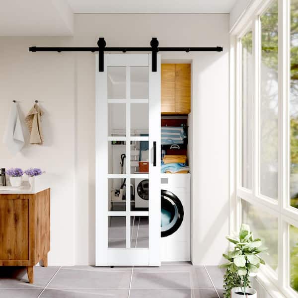 24 in. x 80 in. 10-Lite Mirrored Glass Solid Core White Primed Pine Wood Barn Door Slab with Hardware Kit Set