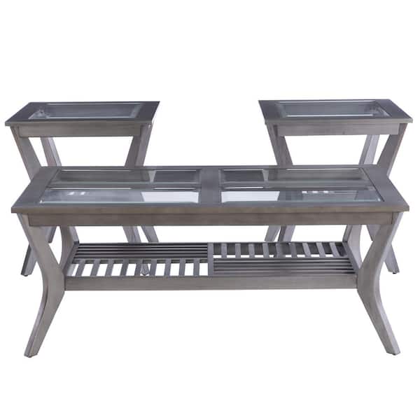 Linon Home Decor Barri 48 in. L Gray Gunmetal Rectangle Glass top 3piece Coffee Table and end table set