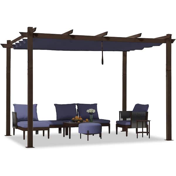 PURPLE LEAF 10 ft. x 12 ft. Navy Blue Metal Outdoor Retractable Pergola with Shade Canopy Cover for Beach Deck Gazebo