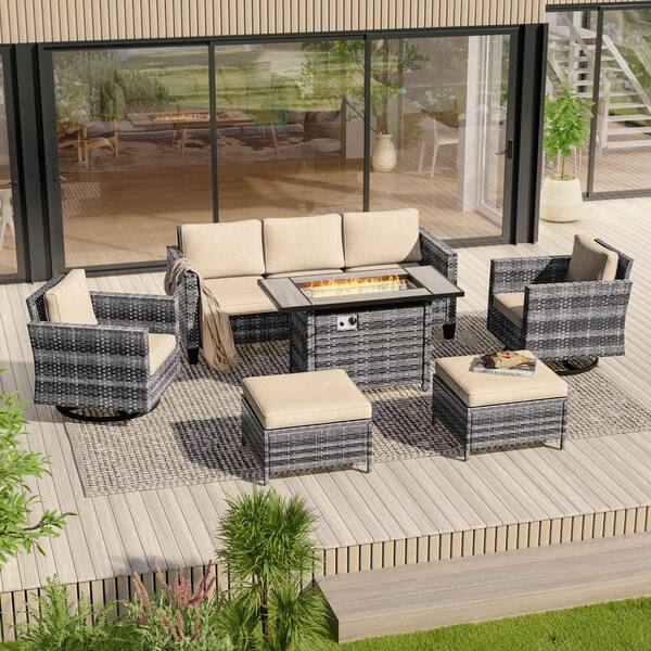 Sonkuki 6-Pieces Patio Conversation Set with Rectangle Fire Pit Table and Swivel Rocking Chairs, Gray Wicker Beige Cushion
