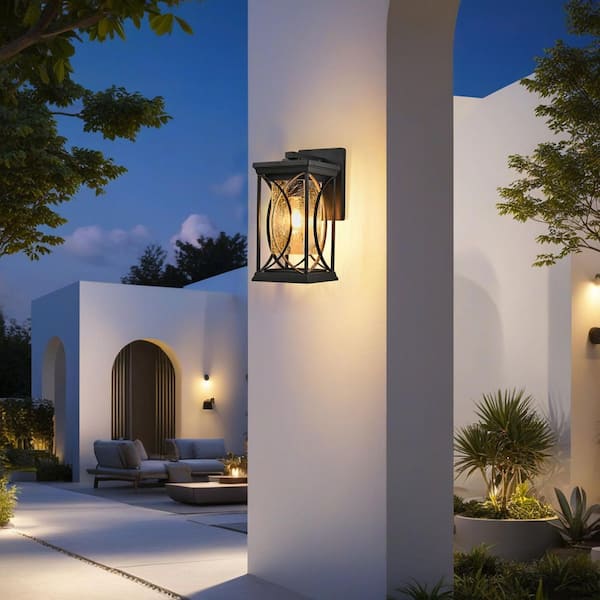 14 in. 1-pack Black Outdoor Wall Sconce with Crackled Glass, Weather-Resistant Light for Porch Patio, Bulb Not Included