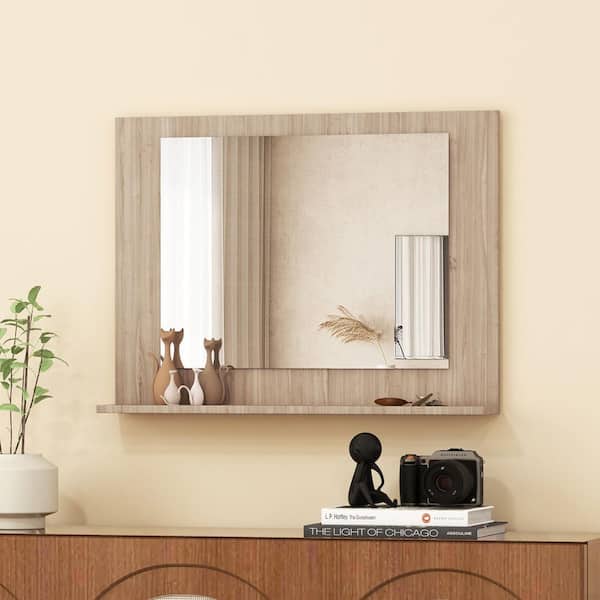 23.5 in. W x 17.5 in. H Brown Rectangle Full Length Mirror with Shelf and Wood Frame