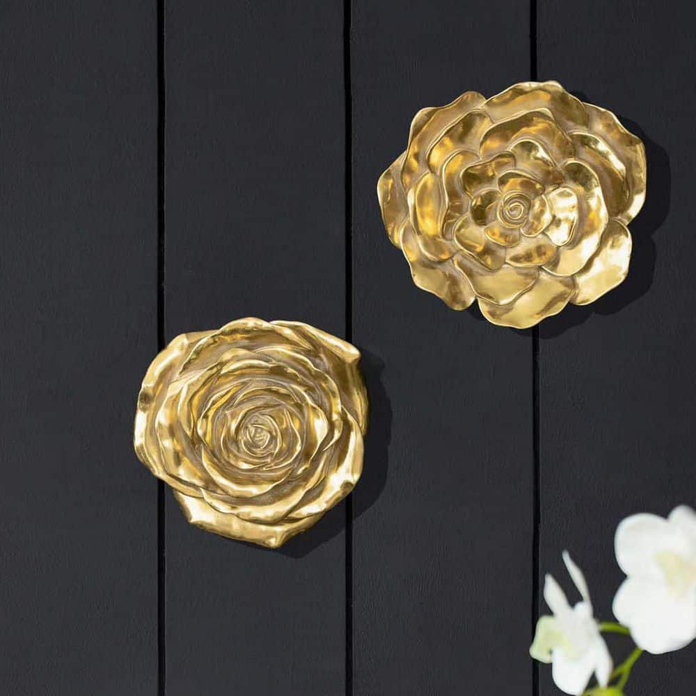 2-Piece 7.1. x 7.5 in Gold Rose Hanging Wall Accents Metal Work Modern