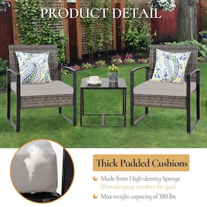 3-Piece Wicker Outdoor Bistro Chairs Table Set with Grey Cushions