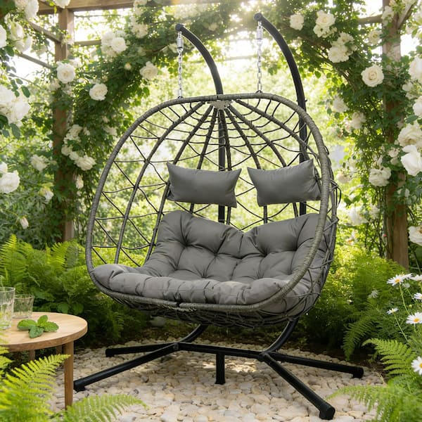 Coporesell 2-Person Egg Swing Chair Gray Steel Outdoor Patio Hanging Chair with Gray Cushion