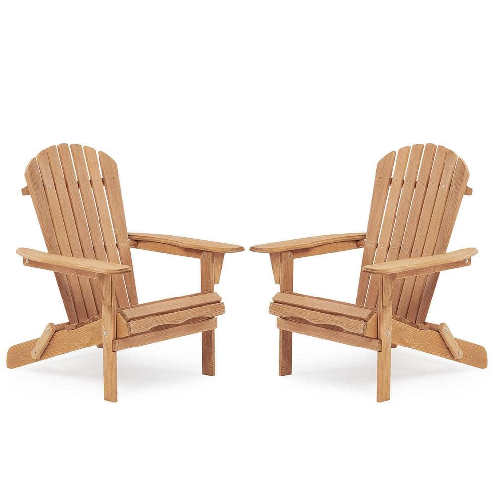 Light Brown Natural Wooden Folding Adirondack Chairs, Garden, Patio, Lawn, Backyard, Semi-Assembled (Set of 2) -  Tunearary, adchair01LP