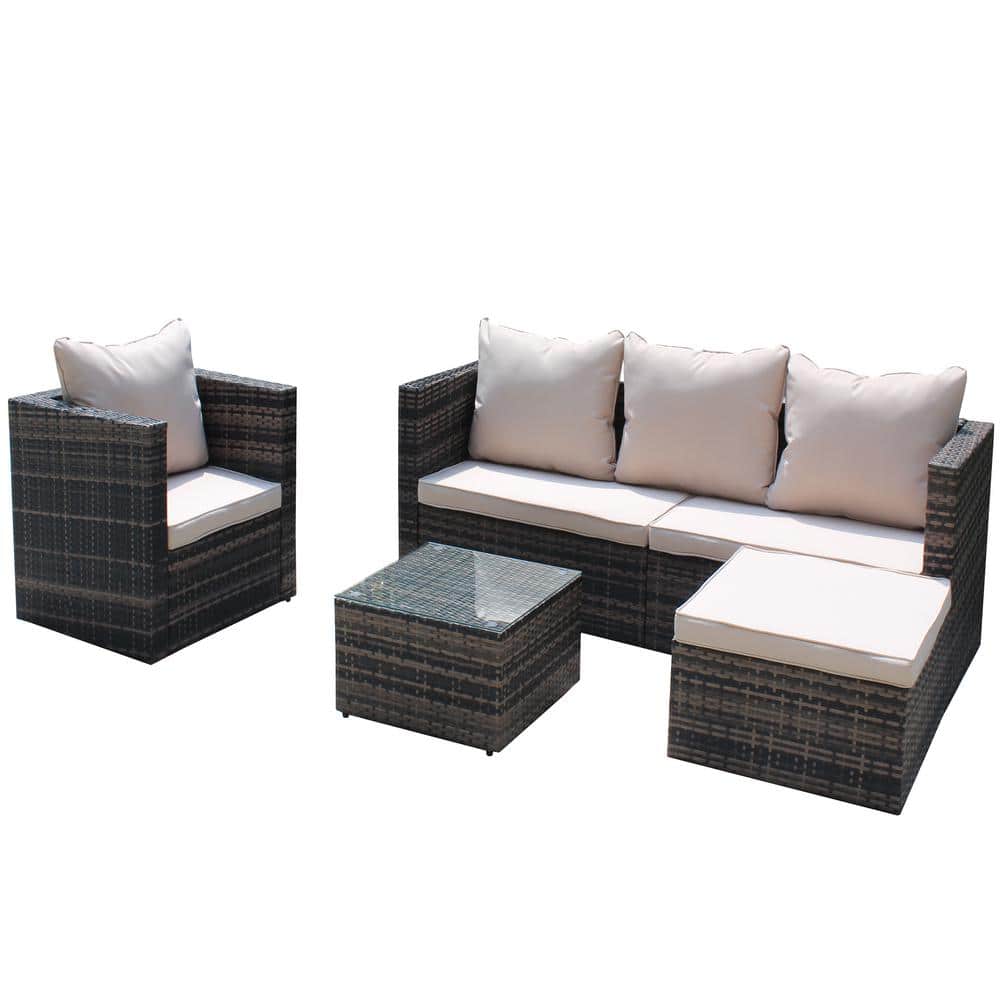 4-Piece Wicker Outdoor Sofa Sectional Set with Shallow brown Seat Cushions 
