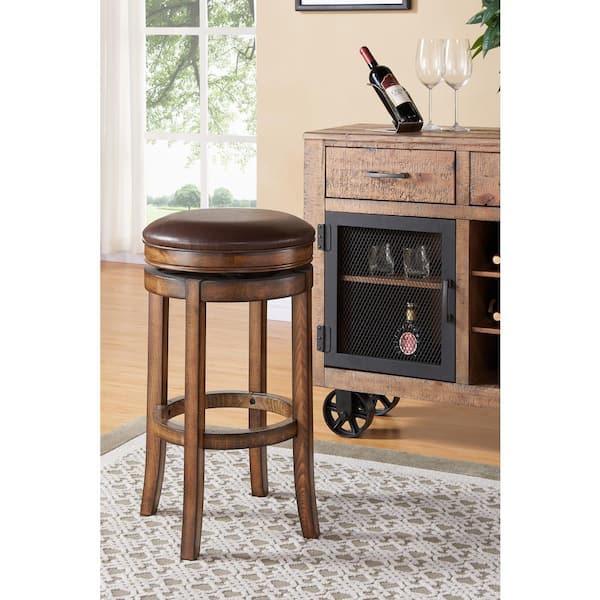 Armen Living MBS-404 26 in. Kahlua Faux Leather and Chestnut Wood Finish Backless Swivel Bar Stool