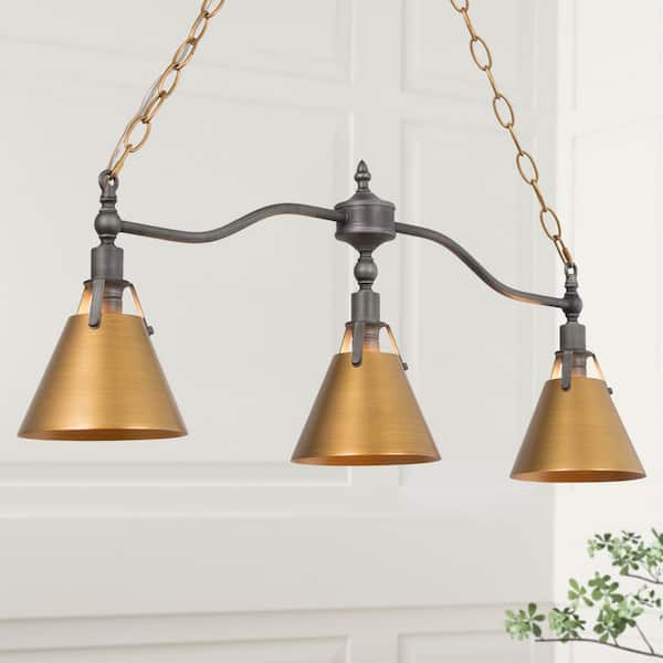 LNC Brushed Vintage Gold Island Chandelier for Kitchen Dining Room, Linear 3-Light Billiard Light with Bell Shades Gray Arm