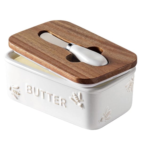 Bee Pattern Embossed Ceramic 45 oz. Butter Dish with Lid for Countertop, with Acacia Wood lid, Knife, and Airtight Cover