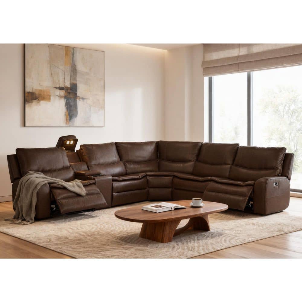 121 in. in Double Width Modular Faux Leather Sectional Sofa with Adjustable Headrests, Wireless Charger in Dark Brown price history on PriceWatchPro
