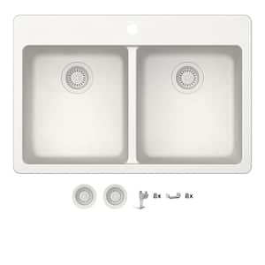 Stonehaven 33 in. Drop-In 50/50 Double Bowl White Ice Granite Composite Kitchen Sink with White Strainer