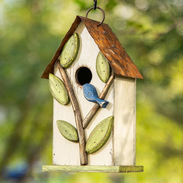 9.75 in. H Distressed Solid Wood Birdhouse with Leaves
