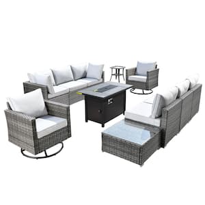 Messi Gray 11-Piece Wicker Outdoor Patio Conversation Sofa Fire Pit Set with Swivel Chairs and Light Gray Cushions