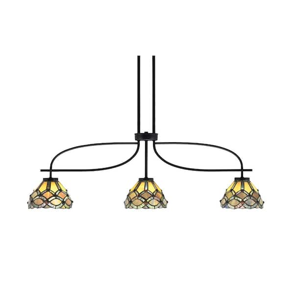 Unbranded Olympia 3-Light Matte Black Billiard Light with 7 in. Pavo Art Glass Shades, no blulbs included