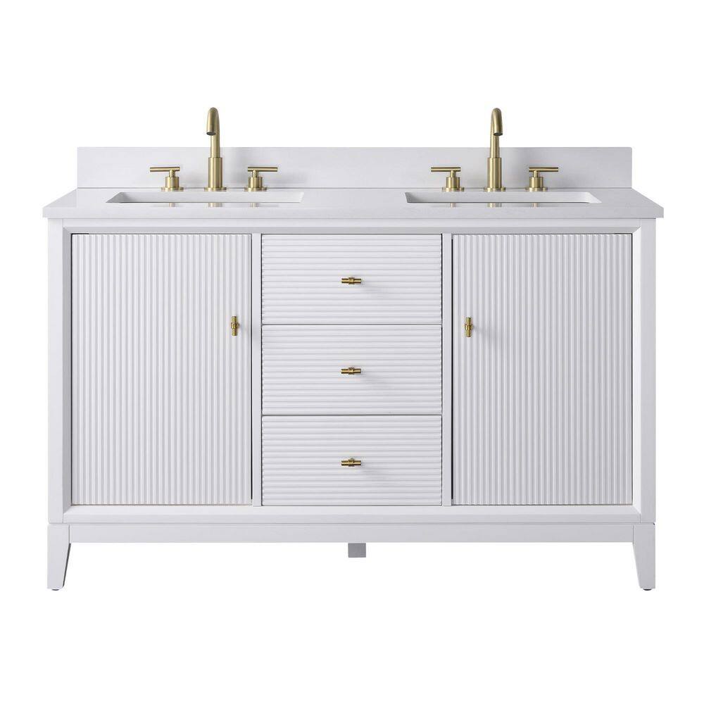 54 in. W x 34 in. H Double Sink White Bath Vanity Cabinet with Arabescato White Engineered Marble Top