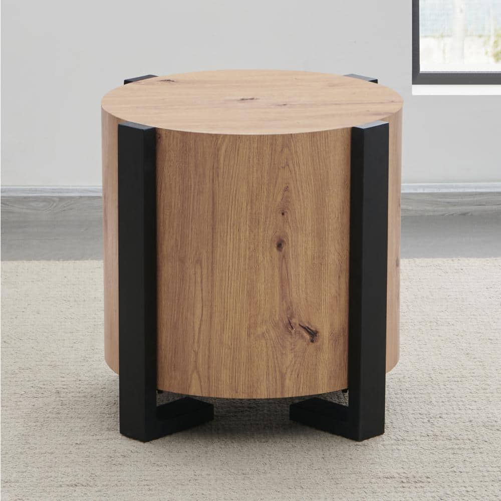 Darcie Natural Brown Round Wood End Table with Black Metal Legs