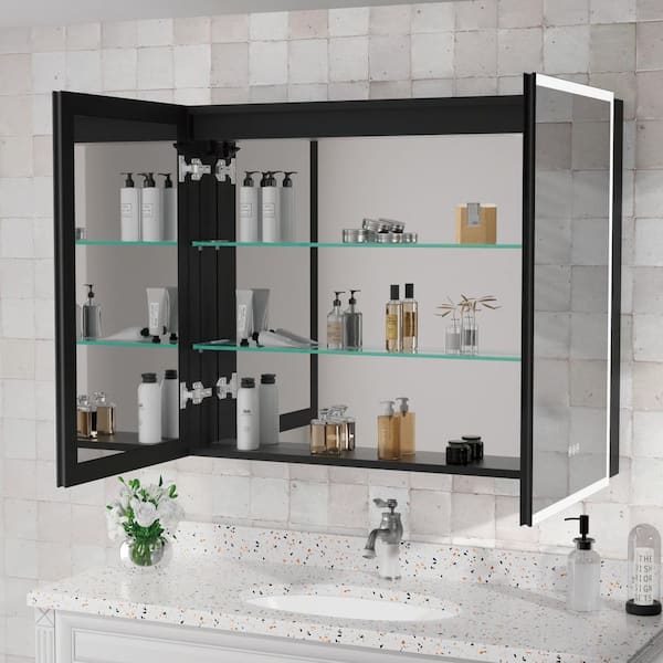 Flora 36 in. W x 32 in. H Rectangular Aluminum Black Recessed Medicine Cabinet with Mirror and Light
