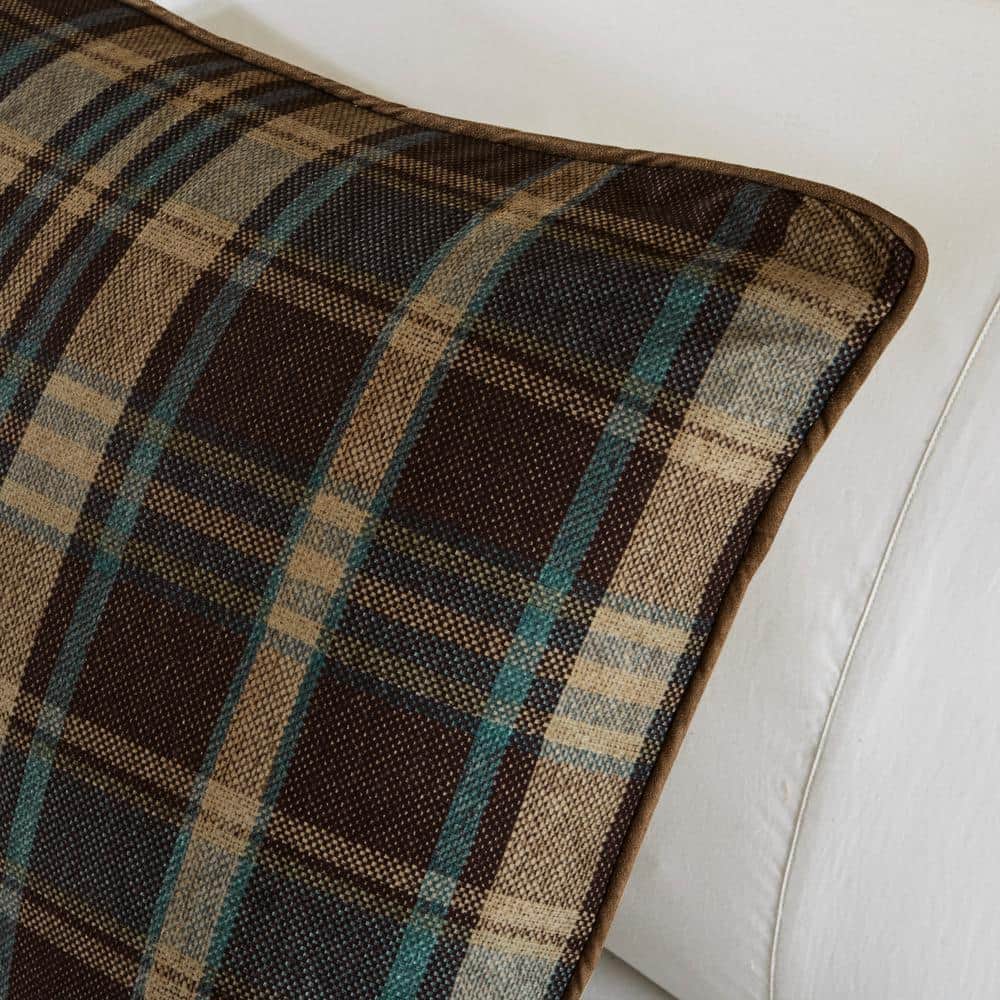 Queen Brown Microfiber Down Alternative Comforter Set with Plaid Design