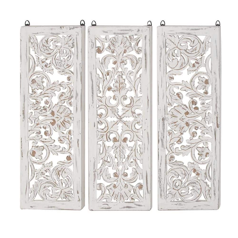 White Distressed Wood Carved Floral Wall Panels Set of 3