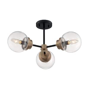 Axis 22.88 in. 3-Light Matte Black/Brass Industrial Semi-Flush Mount with Clear Glass Shade, No Bulbs Included