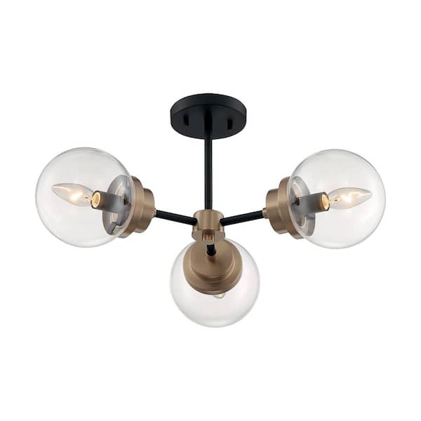 SATCO Axis 22.88 in. 3-Light Matte Black/Brass Industrial Semi-Flush Mount with Clear Glass Shade, No Bulbs Included