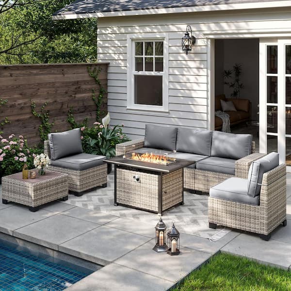 7-Piece Wicker Patio Conversation Set with 55,000 BTU Fire Pit Table and Glass Top Table with Grey Cushions