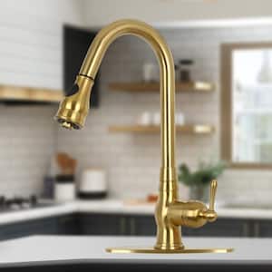 Single-Handle Pull Down Sprayer Kitchen Faucet with Deck Plate in Brushed Gold