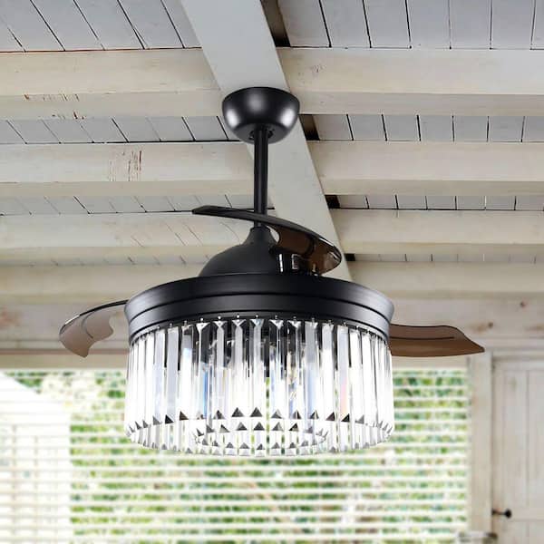 42 in. Retractable Matte Black Crystal Ceiling Fan with Light Kit and Remote Control
