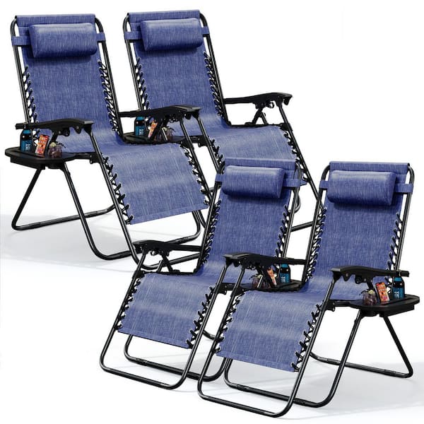 HEARTH & HARBOR 4-Piece Blue Zero Gravity Chairs, Metal Outdoor Lawn Chair with Pillow and Cup Holder Tray