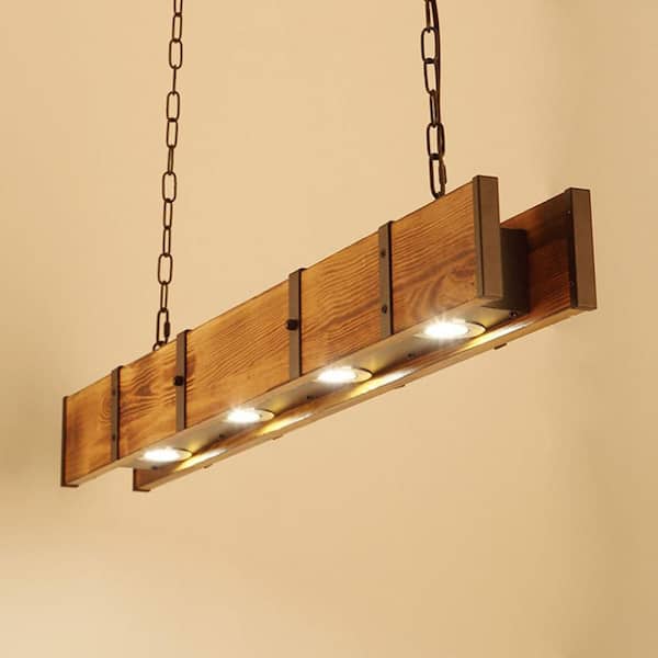 OUKANING 4-Light 39 in. Brown Industrial Loft Style Rust Wood and 
