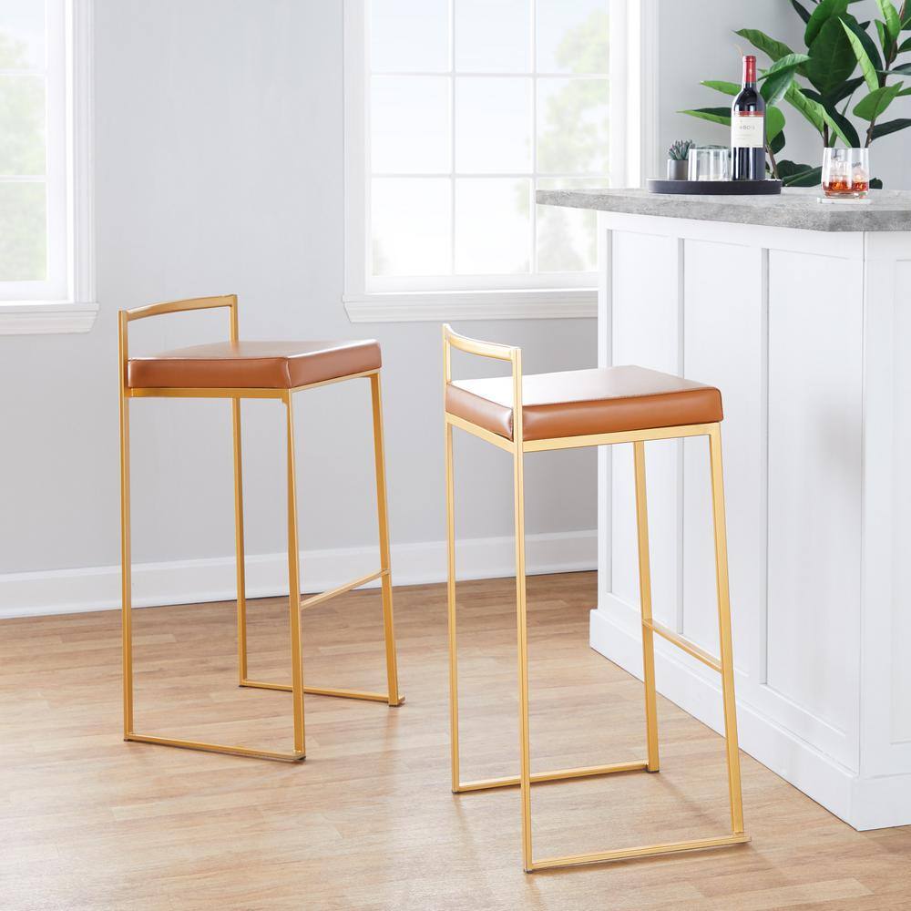 Gold and Camel Faux Leather Adjustable Bar Stools, Set of 2