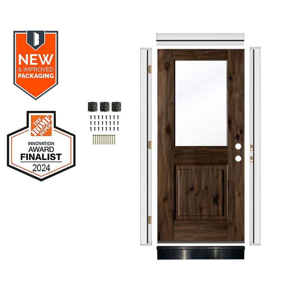 DIY 32 in. x 80 in. Modern Left-Hand Clear Glass Window Black Stain Knotty Wood Front Door Kit w/ Quick Assemble Jamb price history on PriceWatchPro