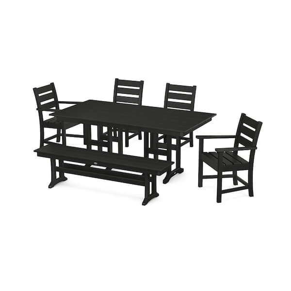 POLYWOOD Grant Park Black 6-Piece Plastic Outdoor Dining Set with Bench