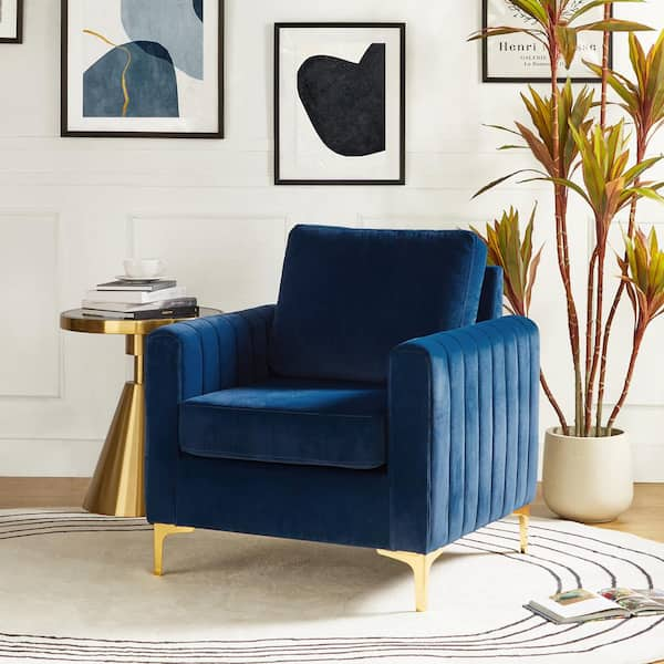 Ennomus Navy Velvet Cushion Back Club Chair Arm Chair with Golden Metal Legs and Track Arms