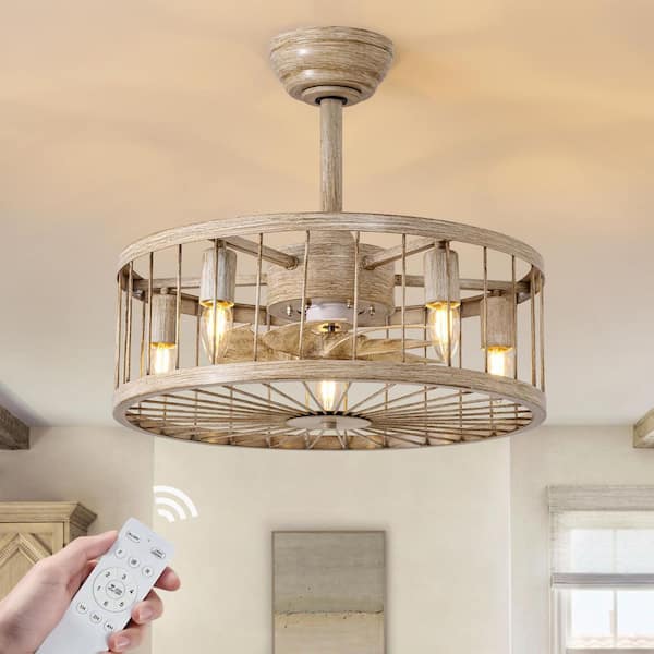 Pacific Core 20 in. Indoor Industrial Woodgrain Caged Chandelier Ceiling Fan with No Bulb Included with Remote Included