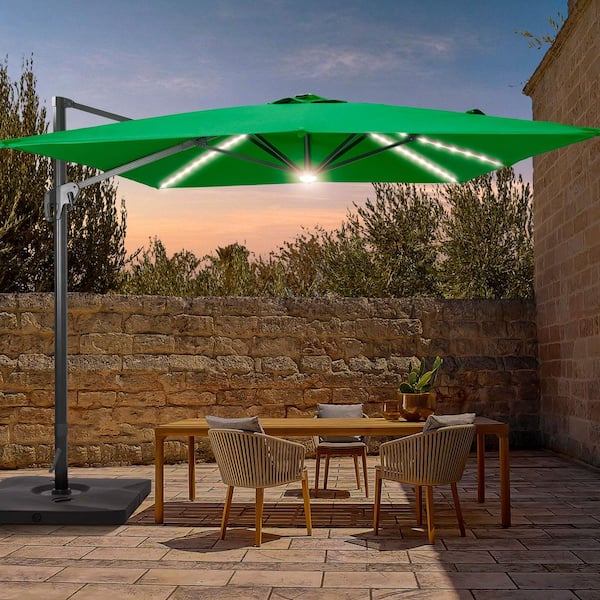 JOYESERY Kelly Green 11.5 ft. x 9 ft. Solar LED Aluminum Offset Hanging 360° Rotation Cantilever Patio Umbrella with a Base
