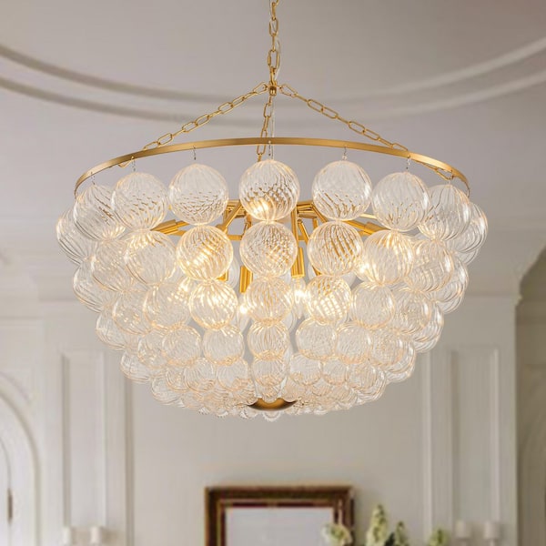 HUOKU Neuvy 12-Light 31.5 in. W Brushed Gold Chandelier Globe