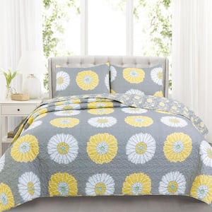 Chamomile Daisy Sunflower Floral 3-Piece Yellow White Gray Polyester Cotton King Quilt Bedding Set
